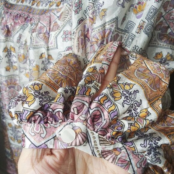 ANTHROPOLOGIE Floral Egyptian Cat Boho Silk Blouse Flowy Balloon Sleeves Size M - Picture 8 of 13